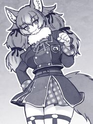Rule 34 | 1girl, animal ears, belt, blush, bow, commentary request, cowboy shot, dire wolf (kemono friends), fur collar, garter straps, gloves, hair bow, jacket, japari symbol, kemono friends, long hair, long sleeves, looking at viewer, monochrome, neck ribbon, plaid, plaid skirt, plaid trim, pleated skirt, ribbon, skirt, solo, tail, totokichi, twintails, virtual youtuber, wolf ears, wolf girl, wolf tail
