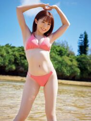 Rule 34 | 1girl, bikini, blue sky, breasts, cleavage, medium breasts, mimura haruka, photo (medium), pink bikini, sky, solo, swimsuit, tree