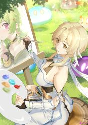 Rule 34 | 1girl, blonde hair, breasts, cleavage, collei (genshin impact), dress, feather hair ornament, feathers, genshin impact, hair ornament, highres, holding, holding brush, large breasts, linreplica, long hair, looking at viewer, lumine (genshin impact), paintbrush, palette (object), sidelocks, sitting, sleeveless, sleeveless dress, slime (genshin impact), smile, solo, tree stump, white dress, yellow eyes