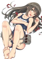 Rule 34 | 10s, 1girl, bare legs, bare shoulders, barefoot, black hair, blush, hair down, ichikawa feesu, isonami (kancolle), kantai collection, long hair, looking at viewer, machinery, one-piece swimsuit, open mouth, school swimsuit, simple background, solo, swimsuit, torn clothes, torn swimsuit, yellow eyes