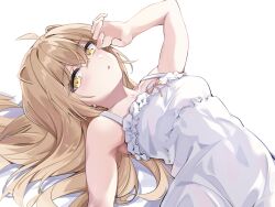 Rule 34 | 1girl, ahoge, bare arms, bare shoulders, breasts, brown hair, cowboy shot, crossed bangs, dress, frilled dress, frills, hair between eyes, hair intakes, hand up, highres, indie virtual youtuber, light brown hair, long hair, looking at viewer, lying, muyamii, on back, parted lips, rurudo lion, simple background, sleeveless, sleeveless dress, small breasts, solo, sundress, virtual youtuber, white background, white dress, yellow eyes