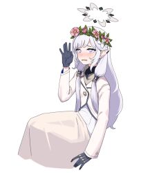 Rule 34 | 1girl, artpatient, black gloves, blue archive, blunt bangs, blush, flat chest, flower wreath, gloves, halo, highres, himari (blue archive), long hair, mole, mole under eye, open mouth, pointy ears, purple eyes, simple background, sitting, skirt, solo, white background, white hair