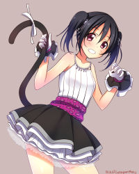 Rule 34 | 10s, 1girl, bare arms, black hair, blush, bow, cat tail, gloves, hair ornament, highres, jewelry, layered skirt, looking at viewer, love live!, love live! school idol festival, love live! school idol project, necklace, pink eyes, short hair, simple background, skirt, sleeveless, smile, solo, tail, tail grab, twintails, yazawa nico, yu-ta