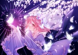 Rule 34 | 1girl, absurdres, blue butterfly, bug, butterfly, cherry blossoms, frills, glowing butterfly, hat, highres, insect, japanese clothes, kanta (pixiv9296614), long sleeves, mob cap, pink eyes, pink hair, profile, ribbon, saigyouji yuyuko, short hair, smile, solo, touhou, triangular headpiece, wide sleeves