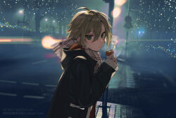 Rule 34 | 1boy, blonde hair, blush, can, canned coffee, coffee, commentary, drink, drink can, english text, green eyes, hair between eyes, holding, holding can, holding drink, long sleeves, looking at viewer, night, nijisanji, nose blush, potti-p, road, scarf, short hair, sleeves past wrists, utility pole, uzuki kou, virtual youtuber, winter clothes