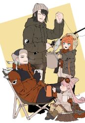 Rule 34 | 2boys, 2girls, alternate size, ashiya douman (fate), beanie, black hair, blue eyes, boots, border, braid, brown coat, brown footwear, brown pants, bucket, chair, closed eyes, coat, crown braid, cup, fate/grand order, fate (series), fish, fishing, fishing rod, folding chair, habetrot (fate), hat, high collar, highres, holding, holding bucket, holding cup, holding fishing rod, kettle, long hair, looking at another, mug, multicolored hair, multiple boys, multiple girls, open mouth, orange hair, pants, pink hair, pointy ears, red coat, red scarf, sakura (skr i), scarf, short hair, side braid, sitting, sitting on log, smile, standing, tai gong wang (fate), tea, teeth, two-tone hair, upper teeth only, van gogh (fate), white border, winter clothes, yellow background, yin yang