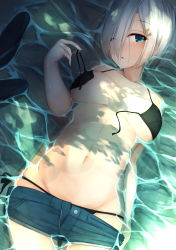 Rule 34 | 10s, 1girl, alternate costume, aqua eyes, arm at side, bikini, bikini top only, black bikini, blue eyes, breasts, breasts apart, collarbone, denim, denim shorts, eyes visible through hair, from above, groin, hair ornament, hair over one eye, hairclip, hamakaze (kancolle), highres, kantai collection, large breasts, looking at viewer, lying, on back, partially submerged, rerrere, short hair, shorts, side-tie bikini bottom, silver hair, solo, swimsuit, underboob, untied bikini, untying, water