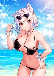 Rule 34 | 1girl, absurdres, animal ear fluff, arm up, azur lane, beach, bikini, black bikini, blue sky, blush, breasts, center opening, cleavage, cloud, collarbone, commentary request, cowboy shot, day, eyewear on head, fage, hair lift, hair ornament, hand on own hip, heart, heart-shaped eyewear, highres, huge filesize, kemonomimi mode, large breasts, light particles, light rays, looking at viewer, lowleg, lowleg bikini, navel, o-ring, o-ring top, ocean, outdoors, parted lips, red eyes, scrunchie, shiny clothes, shiny skin, short hair, sirius (azur lane), sirius (scorching-hot seirios) (azur lane), sky, solo, standing, sunglasses, sunglasses on head, sunlight, sweatdrop, swimsuit, water, wet, white hair, white scrunchie, wrist scrunchie