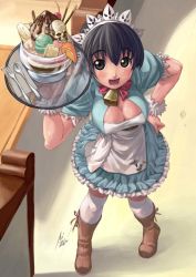 Rule 34 | 1girl, bell, black hair, boots, breasts, cleavage, covered erect nipples, cowbell, food, ice cream, kneehighs, maid, skull, socks, solo, waitress