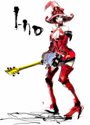 Rule 34 | 1girl, arc system works, black hair, blue eyes, boots, breasts, character name, choker, detached sleeves, electric guitar, fingerless gloves, gloves, guilty gear, guitar, halterneck, hat, i-no, instrument, large breasts, lipstick, makeup, miniskirt, mole, red hat, red thighhighs, short hair, sketch, skirt, solo, thigh boots, thighhighs, torako (anofelus), torakou (anofelus), witch hat, zettai ryouiki