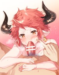 Rule 34 | 1boy, 1girl, angry, blush, censored, cheek bulge, cheek poking, earrings, eno yukimi, fellatio, gradient background, granblue fantasy, highres, horns, jewelry, large penis, licking, licking penis, looking at viewer, oral, penis, pointy ears, poking, pov, pubic hair, red hair, short hair, sturm (granblue fantasy), sweat, tearing up, tears, tongue, tongue out