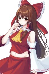 Rule 34 | 1girl, 7saki, bare shoulders, bow, breasts, brown eyes, brown hair, collar, commentary request, detached sleeves, hair between eyes, hair tubes, hakurei reimu, hand up, highres, long hair, long sleeves, looking at viewer, medium breasts, midriff, red bow, red skirt, red vest, simple background, sitting, skirt, solo, touhou, vest, white background, white collar, white sleeves, yellow neckwear