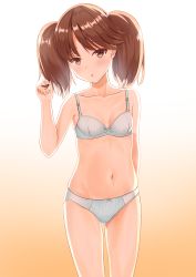 Rule 34 | 1girl, :o, absurdres, blue bra, blue panties, blush, bow, bow bra, bow panties, bra, breasts, brown eyes, brown hair, collarbone, commentary, cowboy shot, gluteal fold, gradient background, twirling hair, highres, kantai collection, long hair, looking at viewer, navel, panties, pants, parted lips, ryuujou (kancolle), simple background, small breasts, smile, solo, twintails, underwear, underwear only, white bra, white pants, zuki