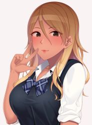 Rule 34 | 1girl, blue bow, blue bowtie, blush, bow, bowtie, breasts, brown eyes, brown hair, closed mouth, collarbone, collared shirt, commentary request, dark-skinned female, dark skin, grey background, hair between eyes, hand up, highres, hiiragi hazime, idolmaster, idolmaster shiny colors, izumi mei, large breasts, long hair, looking at viewer, pink lips, plaid, plaid bow, plaid bowtie, plaid neckwear, school uniform, shirt, simple background, sleeves pushed up, smile, solo, sweater vest, upper body, v