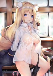 Rule 34 | 1girl, :q, animal ear fluff, animal ears, black panties, blazer, blonde hair, blue jacket, blush, book, breasts, chair, cisyo, closed mouth, collarbone, commentary request, condom, covered erect nipples, day, desk, fox ears, fox girl, fox tail, groin, hair between eyes, hand up, highres, holding, holding condom, indoors, jacket, kitsune, large breasts, long hair, looking at viewer, multiple tails, on desk, open clothes, open shirt, original, panties, panties around leg, purple eyes, school chair, school desk, see-through, shirt, sitting, on desk, smile, solo, tail, thick eyebrows, tongue, tongue out, twitter username, two tails, underwear, undressing, v, very long hair, wet, wet clothes, wet shirt, white shirt, window, wooden floor
