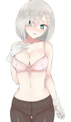 Rule 34 | 10s, 1girl, aqua eyes, black pantyhose, blush, bra, breasts, cleavage, collarbone, cowboy shot, crotch seam, female focus, gloves, hair ornament, hair over one eye, hairclip, hamakaze (kancolle), hand on own chest, high hip flare, highres, kantai collection, large breasts, light smile, looking at viewer, navel, no shirt, panties, panties under pantyhose, pantyhose, parted lips, pink bra, short hair, silver hair, simple background, solo, thigh gap, underwear, underwear only, white background, white gloves, wide hips, yukiguni yuu