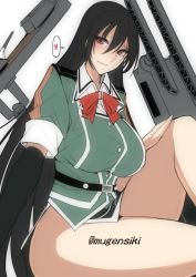 Rule 34 | 10s, 1girl, bare legs, black gloves, black hair, breasts, brown eyes, chikuma (kancolle), elbow gloves, gloves, hand on own knee, heart, kantai collection, large breasts, long hair, looking at viewer, mecha musume, military, military uniform, mugenshiki, pelvic curtain, side slit, sitting, smile, solo, spoken heart, twitter username, uniform, very long hair