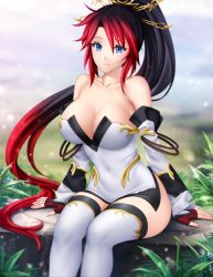 Rule 34 | 1girl, bare shoulders, black hair, blue eyes, breasts, cleavage, colored eyelashes, detached sleeves, dress, fingerless gloves, gigamessy, gloves, large breasts, long hair, multicolored hair, nanbu kaguya, ponytail, red hair, strapless, strapless dress, super robot wars, super robot wars og saga mugen no frontier, thighhighs, two-tone hair, very long hair