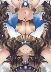 Rule 34 | 1girl, animal ears, bare arms, bare shoulders, blue gemstone, bra, breasts, brown hair, cat ears, cleavage, closed mouth, curvy, dee the sphinx (vtuber), from above, gem, gold bra, hair ornament, highres, indie virtual youtuber, jewelry, large breasts, light blush, long hair, looking at viewer, lying, matoko (matoko820), midriff, navel, on back, pelvic curtain, reaching, reaching towards viewer, revealing clothes, shadow, simple background, sleeveless, solo, sphinx, stomach, underwear, usekh collar, virtual youtuber, white background, wide hips, yellow eyes