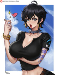 Rule 34 | 1girl, ahoge, arm tattoo, artist name, belt, black hair, black shirt, blue eyes, blue sky, blush, border, bracelet, breasts, cleavage, cloud, collar, collarbone, commentary, crop top, doll (one piece), earrings, english commentary, eyelashes, flower tattoo, hair between eyes, heart, hoop earrings, jewelry, kyopink, large breasts, midriff, multiple bracelets, navel, one piece, open mouth, outside border, patreon username, pink lips, shirt, short hair, sky, solo, sparkle, spiked collar, spikes, tattoo, white border