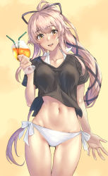 Rule 34 | 1girl, black shirt, blush, collarbone, cowboy shot, cup, drink, drinking glass, drinking straw, hair between eyes, highres, holding, holding cup, kantai collection, kokuzou, long hair, navel, official alternate costume, open mouth, pink hair, ponytail, shirt, short sleeves, smile, solo, very long hair, yellow eyes, yura (kancolle)