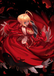 Rule 34 | 10s, 1girl, ahoge, artist name, ass cutout, black background, blonde hair, braid, butt crack, chyffon, closed mouth, clothing cutout, epaulettes, fate/extra, fate (series), french braid, from above, from behind, green eyes, highres, long sleeves, nero claudius (fate), nero claudius (fate) (all), nero claudius (fate/extra), petals, revision, short hair, simple background, solo