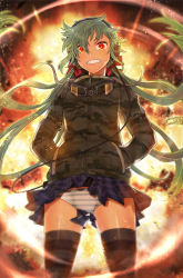 Rule 34 | 1girl, backlighting, black jacket, black thighhighs, blue skirt, blurry, bow, camouflage, camouflage jacket, cowboy shot, explosion, floating hair, goggles, goggles around neck, green hair, grin, hair between eyes, hair bow, hands in pockets, headphones, highres, itou (onsoku tassha), jacket, legs apart, light particles, long hair, long sleeves, looking at viewer, low twintails, miniskirt, orange eyes, original, panties, pleated skirt, red bow, school uniform, shiny skin, skindentation, skirt, smile, solo, standing, striped clothes, striped panties, thighhighs, tree, twintails, underwear, very long hair, wire, zipper