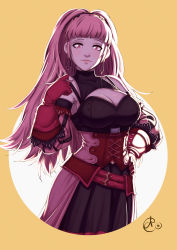 Rule 34 | 1girl, asura-00, belt, breasts, cleavage, cleavage cutout, clothing cutout, corset, covered collarbone, detached sleeves, earrings, female focus, fire emblem, fire emblem: three houses, gloves, highres, hilda valentine goneril, hoop earrings, jewelry, large breasts, long hair, looking at viewer, matching hair/eyes, nintendo, pink eyes, pink hair, red gloves, skirt, smile, solo, wide hips