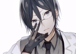 Rule 34 | 10s, 1boy, adjusting eyewear, black eyes, black gloves, black hair, black necktie, closed mouth, collared shirt, commentary request, glasses, gloves, grey shirt, hair between eyes, head tilt, jacket, jacket on shoulders, looking at viewer, male focus, necktie, poni (rito), shirt, simple background, solo, touken ranbu, white background, white jacket, yagen toushirou