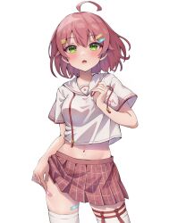 Rule 34 | 1girl, ahoge, bandaid on thigh, blush, breasts, collarbone, cropped shirt, eyelashes, green eyes, hair ornament, highres, hololive, looking at viewer, medium breasts, medium hair, midriff, miniskirt, navel, official alternate costume, open mouth, pink hair, pink skirt, plaid, plaid skirt, pleated skirt, sakura miko, shirt, sidelocks, skirt, solo, thighhighs, thighs, tmo-cat, virtual youtuber, white shirt, white thighhighs