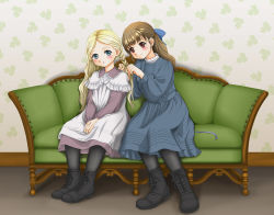 Rule 34 | 2girls, blonde hair, blue bow, blue dress, blush, boots, bow, braid, braiding hair, brown eyes, brown hair, child, couch, dress, green eyes, hairdressing, indoors, kahis (sweetbriar), multiple girls, open mouth, original, sitting, smile, white dress