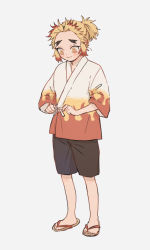 Rule 34 | 1boy, black shorts, blonde hair, blush, child, closed mouth, dressing, flame print, forked eyebrows, full body, japanese clothes, kimetsu no yaiba, male focus, mofmai, multicolored hair, ponytail, red hair, rengoku senjurou, sandals, short sleeves, shorts, sidelocks, simple background, smile, solo, standing, streaked hair, tying, white background, yellow eyes, zouri