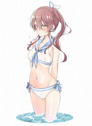 Rule 34 | 1girl, alternate costume, arms behind back, blush, breasts, collarbone, eitopondo, groin, highres, idolmaster, idolmaster shiny colors, looking at viewer, medium breasts, navel, osaki amana, sailor bikini, sailor collar, sailor swimsuit (idolmaster), side ponytail, sidelocks, sideways glance, simple background, solo, stomach, sweatdrop, wading, white background