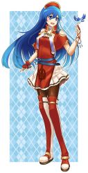 Rule 34 | 1girl, blue eyes, blue hair, blush, cape, dress, fire emblem, fire emblem: the binding blade, hat, highres, jewelry, lilina (fire emblem), long hair, looking at viewer, nagi (marthmoka), nintendo, open mouth, pantyhose, red hair, shoulder cutout, simple background, smile, solo, thighhighs