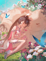 Rule 34 | 1girl, animal ears, bad source, blue sky, brown hair, bug, butterfly, closed eyes, douluo dalu, douluo dalu xiaowu zhuye, dress, flower, hair ornament, high heels, highres, insect, long hair, parted lips, pink dress, ponytail, rabbit, rabbit ears, sky, sleeping, solo, whiskers, xiao wu (douluo dalu)