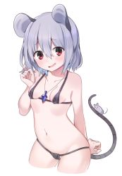 Rule 34 | 1girl, akagashi hagane, animal ears, bikini, black bikini, breasts, grey hair, groin, hand in own hair, jewelry, micro bikini, mouse (animal), mouse ears, mouse tail, navel, nazrin, open mouth, pendant, red eyes, short hair, simple background, small breasts, smile, swimsuit, tail, touhou, white background
