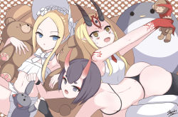 Rule 34 | 3girls, abigail williams (fate), abigail williams (swimsuit foreigner) (fate), abigail williams (swimsuit foreigner) (third ascension) (fate), absurdres, ass, back, bare shoulders, bikini, blonde hair, blue eyes, blush, bob cut, bonnet, bow, breasts, eyeliner, facial mark, fate/grand order, fate (series), forehead, forehead mark, hair bow, hair pulled back, highres, horns, ibaraki douji (fate), long hair, looking at viewer, lying, makeup, miniskirt, multiple girls, navel, on stomach, oni, open mouth, parted bangs, pointy ears, purple eyes, purple hair, sato art, short hair, shuten douji (fate), sidelocks, skin-covered horns, skirt, small breasts, smile, stuffed toy, swimsuit, tattoo, thighhighs, very long hair, white bikini, white bow, white headwear, yellow eyes
