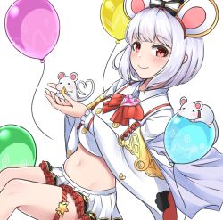 Rule 34 | 1girl, animal, animal ears, balloon, bow, bowtie, brooch, carrying, collared shirt, commentary request, crop top, fake animal ears, granblue fantasy, hairband, heart, heart brooch, jewelry, jibako, long sleeves, looking at viewer, midriff, miniskirt, mouse (animal), mouse ears, navel, pleated skirt, red eyes, shirt, short hair, simple background, skirt, smile, solo, stomach, thigh strap, thighs, vikala (granblue fantasy), white background, white hair, white shirt, white skirt, wide sleeves