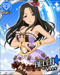 Rule 34 | 10s, 1girl, artist request, bare shoulders, bow, breasts, card (medium), character name, collarbone, dress, earrings, frills, gem (symbol), green eyes, hat, heart, heart hands, helen (idolmaster), idolmaster, idolmaster cinderella girls, jewelry, bridal garter, long hair, looking at viewer, mini hat, official art, parted lips, sleeveless, sleeveless dress, solo, wrist cuffs