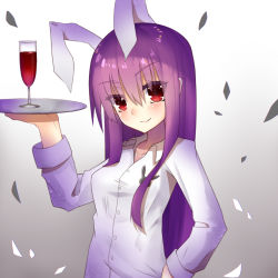 Rule 34 | 1girl, animal ears, bad id, bad pixiv id, blush, cup, drinking glass, extra ears, gradient background, long hair, long sleeves, looking at viewer, mei mu, purple hair, rabbit ears, red eyes, reisen udongein inaba, shirt, smile, solo, touhou, tray, upper body, wine glass
