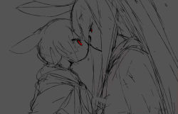 Rule 34 | 2girls, :&lt;, cape, chestnut mouth, cloak, glowing, glowing eyes, long hair, mother and daughter, multiple girls, nose touch, rabbit ears, rabbit girl, red eyes, shirokujira, short hair, sketch