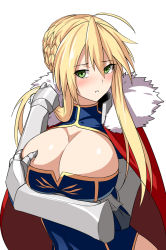 Rule 34 | 1girl, ahoge, artoria pendragon (all), artoria pendragon (fate), artoria pendragon (lancer) (fate), blonde hair, blush, braid, braided bun, breast hold, breasts, cape, cleavage, cleavage cutout, clothing cutout, fate/grand order, fate (series), gauntlets, green eyes, hair between eyes, hair bun, heattech leotard, huge breasts, looking at viewer, nose blush, parted lips, saber (fate), shiseki hirame, short hair with long locks, sidelocks, solo, turtleneck, upper body
