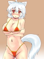 Rule 34 | 1girl, ahoge, animal ears, bikini, blush, breasts, covered erect nipples, groin, highres, inubashiri momiji, kunoo (unnyuu), large breasts, looking at viewer, navel, open mouth, red eyes, short hair, silver hair, solo, swimsuit, tail, touhou, wolf ears, wolf tail