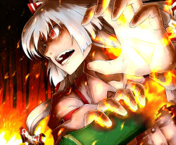 Rule 34 | 1girl, bamboo, bamboo forest, bow, female focus, fire, forest, fujiwara no mokou, hair bow, long hair, nature, open mouth, oso (toolate), red eyes, ribbon, silver hair, solo, touhou