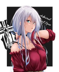 Rule 34 | 1girl, admiral graf spee (azur lane), alternate costume, alternate hair length, alternate hairstyle, aqua eyes, arm behind head, azur lane, bare shoulders, black background, border, bra strap, breasts, character name, collarbone, commentary request, highres, iron blood (emblem), long hair, looking at viewer, medium breasts, multicolored hair, nail polish, oriue wato, red hair, red nails, red shirt, shirt, silver hair, solo, strapless, strapless shirt, streaked hair, upper body, white border