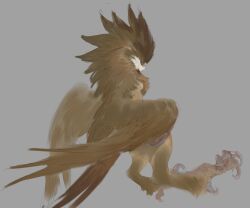 Rule 34 | 1girl, absurdres, animal feet, animal hands, bird tail, bird wings, body fur, breasts, brown feathers, brown fur, brown hair, brown wings, closed eyes, digitigrade, facing to the side, feathered wings, feathers, full body, grey background, harpy, highres, leviair, long hair, monster girl, neck fur, original, simple background, small breasts, solo, tail, talons, winged arms, wings