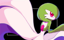 Rule 34 | 1girl, back, black background, blurry, bob cut, chromatic aberration, colored skin, creatures (company), female focus, from behind, game freak, gardevoir, gen 3 pokemon, green hair, green skin, hand up, jpeg artifacts, looking at viewer, looking back, multicolored skin, nintendo, pokemon, pokemon (creature), red eyes, ronen, short hair, simple background, solo, standing, two-tone skin, upper body, white skin