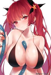 Rule 34 | 1girl, alternate costume, azur lane, bare shoulders, between breasts, bikini, black bikini, black ribbon, blush, breasts, cleavage, closed mouth, collarbone, dated, embarrassed, frown, hair ornament, hair ribbon, head tilt, highres, holding, holding hose, honolulu (azur lane), honolulu (summer accident?!) (azur lane), hose, hose between breasts, large breasts, long hair, looking at viewer, mimelond, red eyes, red hair, ribbon, simple background, solo, star (symbol), star hair ornament, swimsuit, twintails, wet, white background