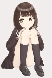 Rule 34 | 1girl, :t, black footwear, black sailor collar, black serafuku, black shirt, black skirt, black socks, blouse, blunt bangs, bob cut, brown eyes, brown hair, closed mouth, dot nose, eyebrows hidden by hair, facing viewer, frown, full body, furrowed brow, grey background, hands on own knees, hands up, kneehighs, knees together feet apart, knees up, light blush, loafers, long sleeves, looking away, looking to the side, miniskirt, narrowed eyes, nasuna, neckerchief, original, pale skin, pleated skirt, pout, puffy long sleeves, puffy sleeves, sailor collar, school uniform, serafuku, shirt, shoes, short hair, simple background, sitting, skirt, socks, solo, sparkling eyes, straight hair, upset, white neckerchief