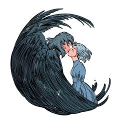 Rule 34 | 1boy, 1girl, bird wings, birdfrogdraws, black feathers, blue dress, blush stickers, closed eyes, dress, feathers, grey hair, hand on another&#039;s chest, hetero, highres, howl (howl no ugoku shiro), howl no ugoku shiro, kiss, looking at another, sophie (howl no ugoku shiro), sparkle, white background, wings